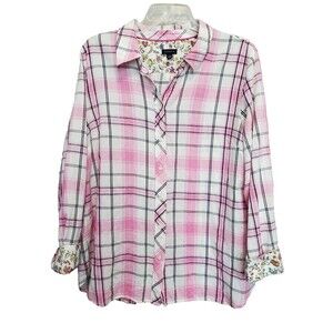 Talbots Cotton Blend Pink Plaid Contrast-Cuff Button-Up Shirt Size XL